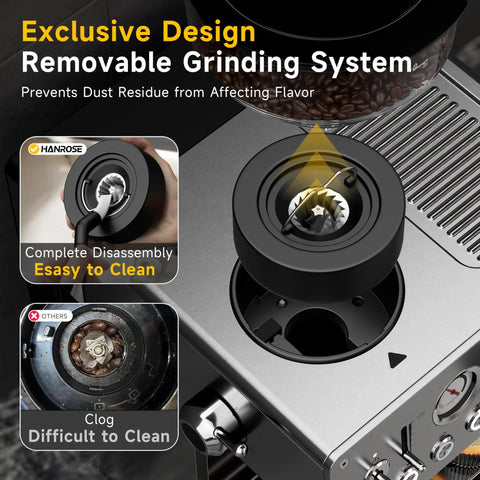 Straight Up Premium Espresso Machine With Built In Grinder And 20 Bar Pump showing removable grinding system for easy cleaning.