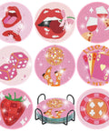 Pink Vintage Diamond Painting Coaster Kit 8 Pieces With Holder Dope Retro Funny Drinks Theme 5D DIY Full Drill Diamond Dot Art For Adults Beginners Gift Idea, showing designed coasters in a holder.