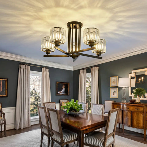 Dining room with a Five Light Crystal Chandelier In Dope Black Close To Ceiling Pendant Light Fixture, modern vintage style