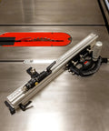 Beefy Precision Miter Gauge For Table Saws Featuring Heavy Duty Anodized Aluminum Construction With Adjustable Fence And Tight Micro Adjuster Setup For Dead Straight Woodworking Cuts Every Time on a table saw.