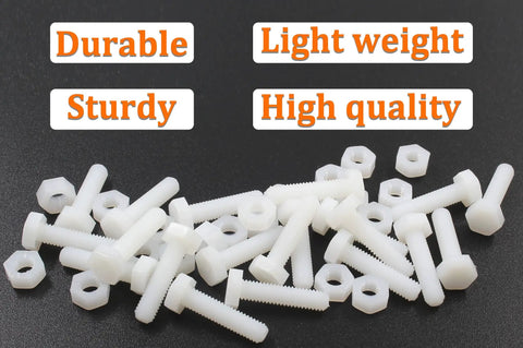 Premium Hardware Bundle Featuring 20 Pair M6x25mm White Nylon Hex Bolts Paired With Rust Resistant Plastic Hex Nuts for sturdy DIY builds.