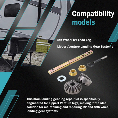 Power Landing Gear Repair Kit for 5th Wheel RV Lead Leg Replacement components displayed with RV image