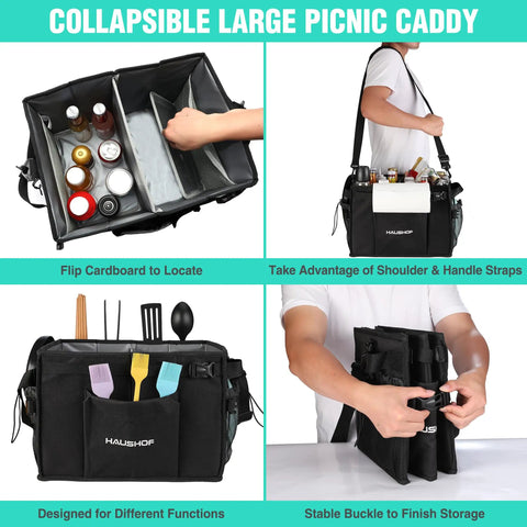 Large Grill And Picnic Caddy With Paper Towel Holder And Condiment Pockets Foldable Bbq Organizer with compartments
