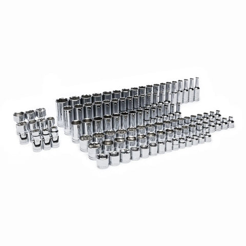 104 Piece Three Eighths Inch Drive Master Metric Socket Set With Foam Storage Tray Includes 6 And 12 Point Sockets In Standard And Deep Off Corner Loading Design Reduces Fastener Rounding Chamfered Opening Guides Fasteners