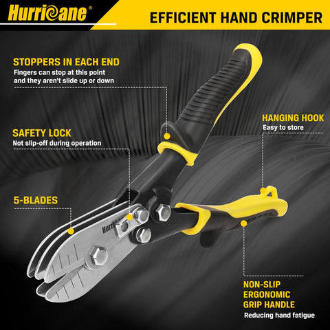 Front view of Hurricane 5-blade sheet metal crimper for HVAC ductwork with yellow accents, safety lock, and ergonomic grip.