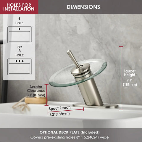 Waterfall Bathroom Sink Faucet In Brushed Nickel With Glass Disk Rinser, Modern Circle Design For Basin Vanity, dimensions shown