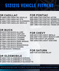 Vehicle fitment list for Chevy, Cadillac, Pontiac, Buick, Oldsmobile, and Saturn models from 1997 to 2011