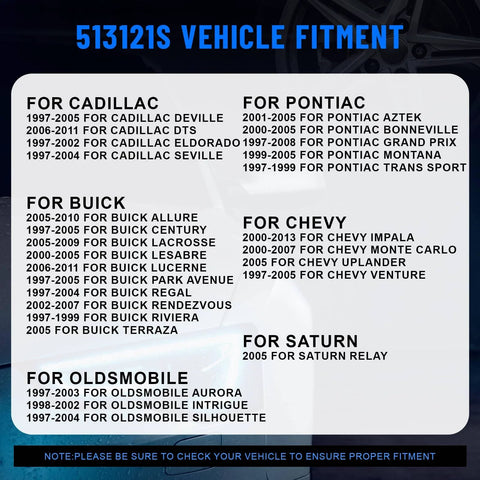 Vehicle fitment list for Chevy, Cadillac, Pontiac, Buick, Oldsmobile, and Saturn models from 1997 to 2011