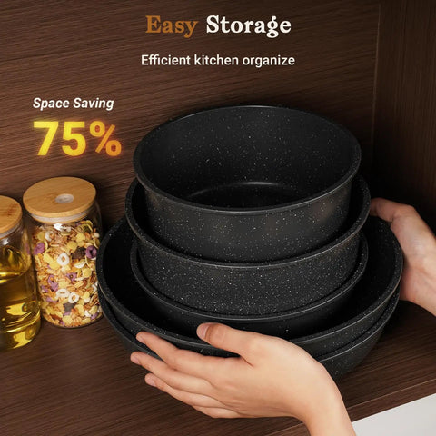 Hands stacking 15 Piece Nonstick Pots And Pans Set With Detachable Handles Induction Compatible Includes 11 Inch Saute Pan