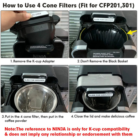 Stainless Steel Reusable Coffee Filter For Ninja And Most Coffee Makers Includes Four Cone Filters And Reusable K Cup Pods 304 Stainless BPA Free Lead Free DEHP Free Eco Friendly Durable Brew Accessory shown in use on CFP201 machine.