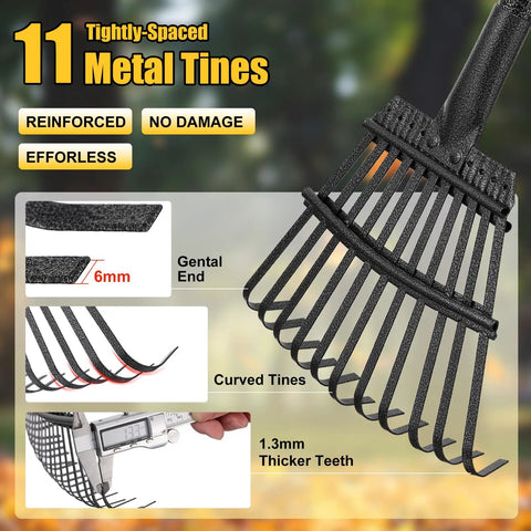 Heavy Duty Metal Garden Rake with Eleven Steel Tines showcasing tightly-spaced and curved tines with reinforced construction.