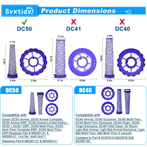 Dyson DC50 Vacuum Filter Replacement Set With One HEPA Post Filter And Two Washable Pre Filters For DC50 Animal And Multi Floor Vacuums Easy To Install Long Lasting Performance product dimensions chart