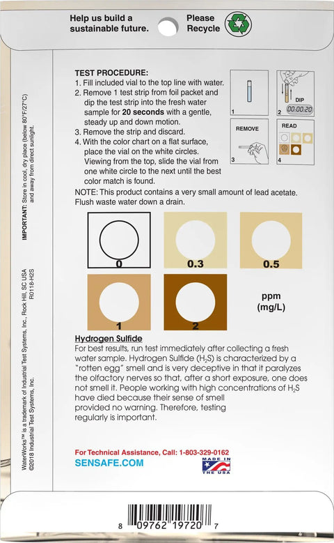 No Sweat Hydrogen Sulfide Water Test Strips For Well And Pool Checking Slick Setup 30 Count Foil Pack test instructions and color chart.