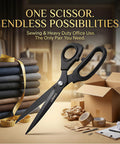 10 Inch Heavy Duty All Purpose Scissors For Office And Crafts With Reinforced Pivot Thick Stainless Steel Blades Rock Solid Tension No More Jams Built To Last For Paper Fabric Cardboard, shown with fabric and boxes