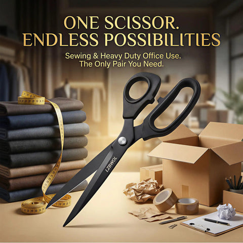 10 Inch Heavy Duty All Purpose Scissors For Office And Crafts With Reinforced Pivot Thick Stainless Steel Blades Rock Solid Tension No More Jams Built To Last For Paper Fabric Cardboard, shown with fabric and boxes