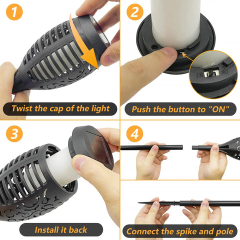 Step-by-step assembly of Solar Torch Lights For Garden Decor 8 Pack 12 LED Flickering Flame Outdoor Pathway Lights
