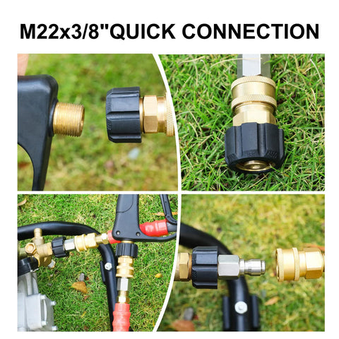 Heliwoo pressure washer adapter set with brass M22x3/8 quick-connect fittings and black plastic coupling nuts