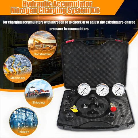 Pro Grade Hydraulic Accumulator Kit With Nitrogen Fill, Gas Valve Test Kit, three high pressure gauges and adapters