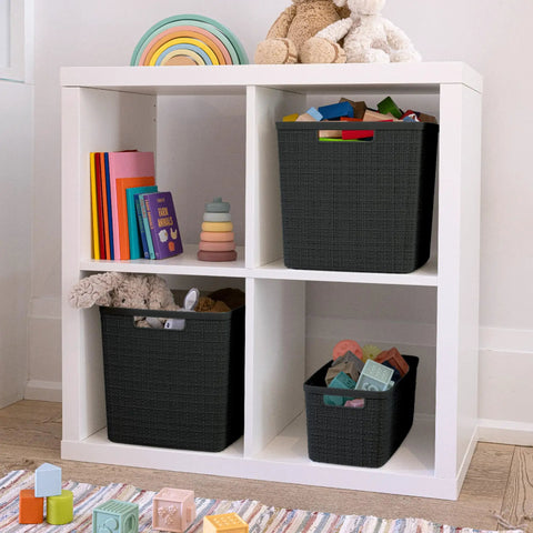 Set Of Four Large Cube 17L Jute Texture Plastic Storage Baskets Dope Organization For Home Office Closet Shelves Kitchen Pantry And Bedroom Essentials Black displayed in white shelf