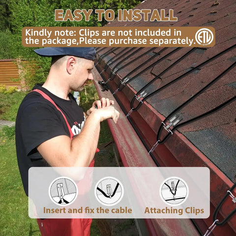 Person installing Self Regulating Heating Cable Kit 50 Feet 120V For Roof Deicing And Pipe Freeze Protection on roof with clips.