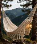 Double Hammock With Macrame Cotton Boho Chic Outdoor Lounge Portable For Camping Patio Backyard Indoor Outdoor 485 Lbs Capacity Beige