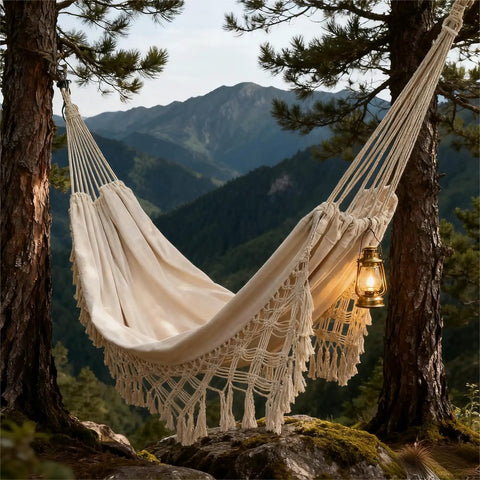Double Hammock With Macrame Cotton Boho Chic Outdoor Lounge Portable For Camping Patio Backyard Indoor Outdoor 485 Lbs Capacity Beige