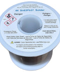 Pro Grade Solder Wire 63 To 37 Sn Pb, 1 Lb Roll, Activated Rosin Core Flux spool with labels and safety warnings visible.