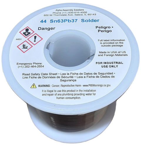 Pro Grade Solder Wire 63 To 37 Sn Pb, 1 Lb Roll, Activated Rosin Core Flux spool with labels and safety warnings visible.