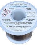 Leaded Rosin Activated Solder Wire 63 37 Sn Pb Alloy, 1 lb Spool, 0.635 mm Diameter, label with safety warnings and usage details.