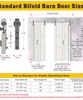Diagram showing standard bifold barn door sizes with measurements for Frosted Glass Bifold Closet Doors Kit 60 Inch By 84 Inch Three Lite Panels
