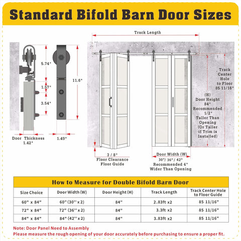 Diagram showing standard bifold barn door sizes with measurements for Frosted Glass Bifold Closet Doors Kit 60 Inch By 84 Inch Three Lite Panels