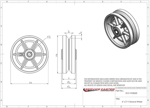 Service Caster 6-inch cast-iron V-groove wheel with 1/2 in bore, shown in front, side, and isometric views