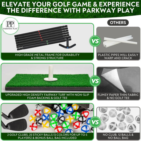 Comparison of Sticky Golf Chipping Game Set With 6x6 Foot Metal Frame and components versus other products