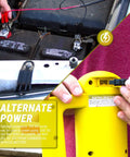 Trouble Free Trucker Tested 12 Volt Electric Fuel Drum Pump connecting to 12V DC battery for quick power access.