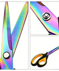 9.5 Inch Heavy Duty Titanium Coated Forged Stainless Steel Scissors For Fabric Leather Dressmaking Tailoring Home Office School Ultra Sharp All Purpose Shears That Slice Through 16 Plus Layer Fabrics Like Butter rainbow blade close-up