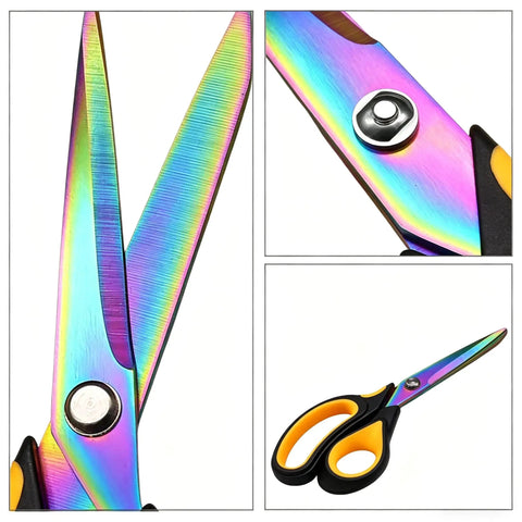 9.5 Inch Heavy Duty Titanium Coated Forged Stainless Steel Scissors For Fabric Leather Dressmaking Tailoring Home Office School Ultra Sharp All Purpose Shears That Slice Through 16 Plus Layer Fabrics Like Butter rainbow blade close-up