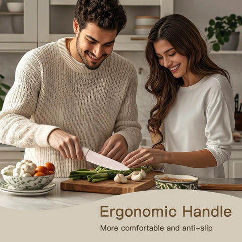 Couple using Workhorse 13 Piece Kitchen Knife Set With Anti Rust Coating Keeps Blades Sharp Dishwasher Safe Stainless Steel