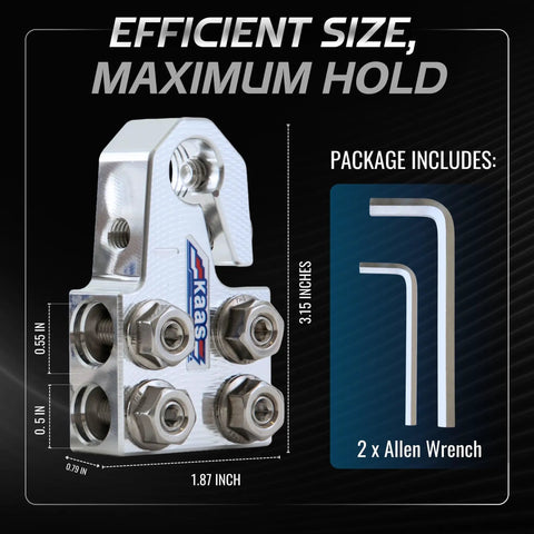 Built Tough 8 Way Battery Terminal Connector Block Metallic Silver with dimensions and installation accessories included.
