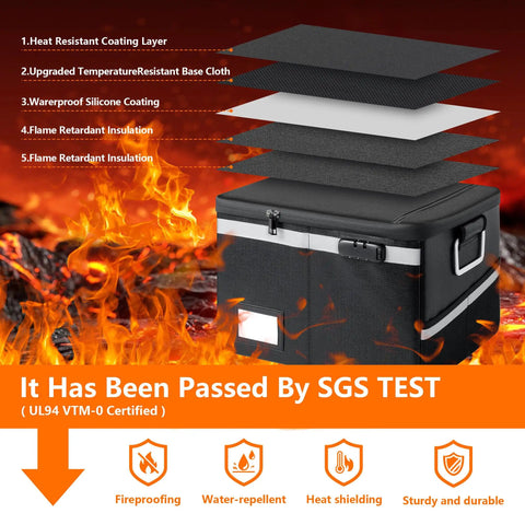 Fireproof Waterproof Document Box with layered protection, lockable design, and SGS certified against flames, black color.