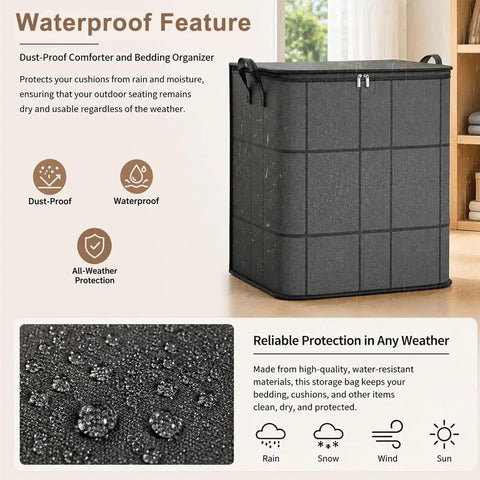 Kick Clutter To The Curb Two Pack Of XXL Foldable Moving Bins With Heavy Duty Reinforced Handles For Straight Up Durability Large Capacity Clothes And Blanket Storage waterproof feature and fabric detail
