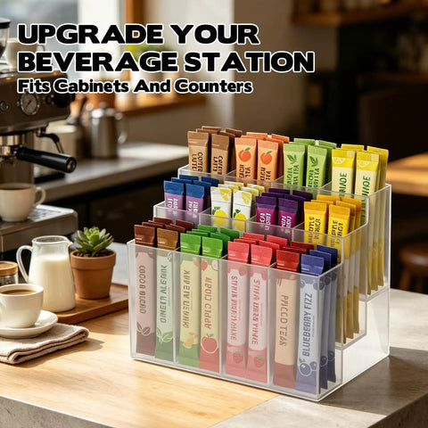 Three Tier Drink Packet Organizer Rack With Twelve Compartments Sugar Packets Holder on kitchen counter