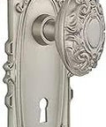 Victorian Door Knob And Plate Set With Keyhole In Satin Nickel, Double Dummy Finish, Old School Charm For Vintage Or Modern Doors