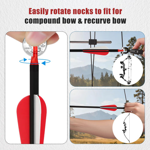 Close-up of 30 Inch Carbon Arrow Set With Removable Tips, 14 Pcs, Spine 500, shown on bow string for compound and recurve bows.