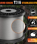 Heavy Duty 200 Foot T316 Stainless Steel Railing Cable One Eighth Inch Marine Grade Wire Rope on spool, showcasing rust-proof features.
