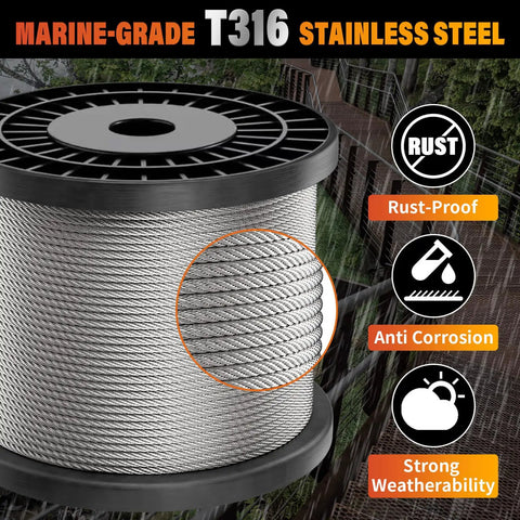 Heavy Duty 200 Foot T316 Stainless Steel Railing Cable One Eighth Inch Marine Grade Wire Rope on spool, showcasing rust-proof features.