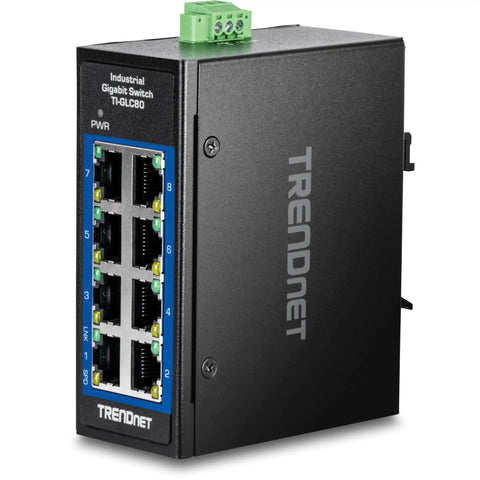 Compact Industrial 8-Port Gigabit DIN-Rail Switch Built For Rough Environments, IP30 Rated, Extreme Temperature Ready, black unit