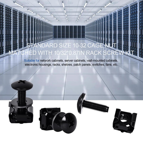 Heavy Duty 10/32 Thread Rack Screws With Snap In Cage Nuts And Nylon Washers For Server Racks Network Gear And Audio Cabinets, black screws and nuts set.