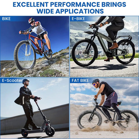 4 Pairs Bike Disc Brake Pads With Installation Toolkit, cyclists on mountain, e-bike, e-scooter, and fat bike showcasing versatility