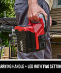 Built Tough 40V Power Inverter Dropping 300W Steady And 500W Peak Wattage, handheld with carrying handle and LED.