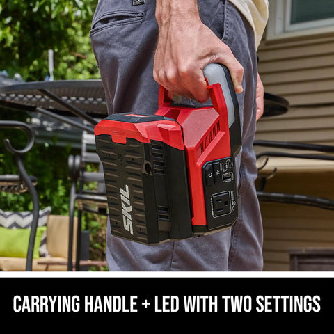Built Tough 40V Power Inverter Dropping 300W Steady And 500W Peak Wattage, handheld with carrying handle and LED.
